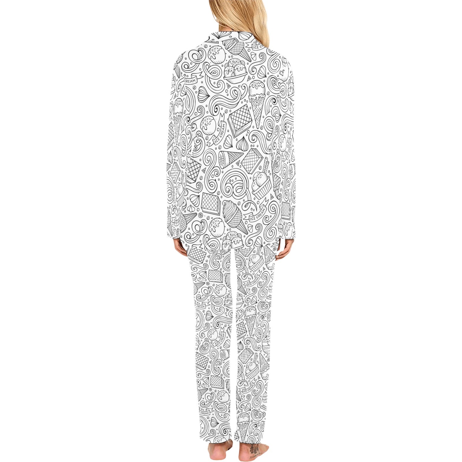 Cartoon hand drawn ice cream black white Women's Long Pajama Set