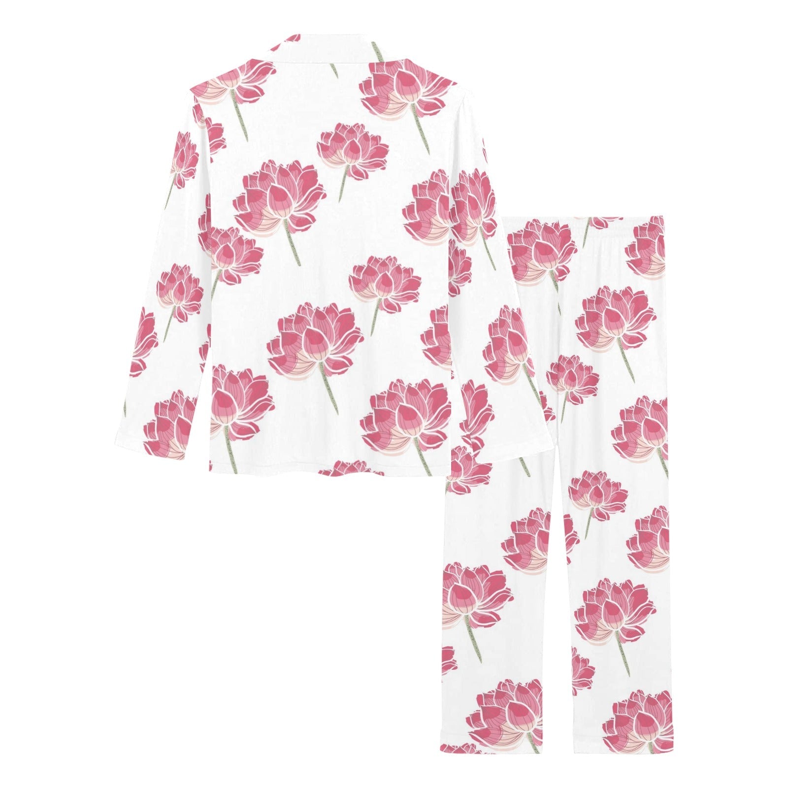Pink lotus waterlily pattern Women's Long Pajama Set