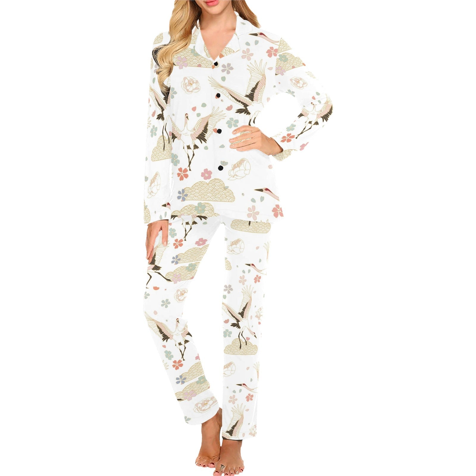 Beautiful Japanese cranes pattern Women's Long Pajama Set