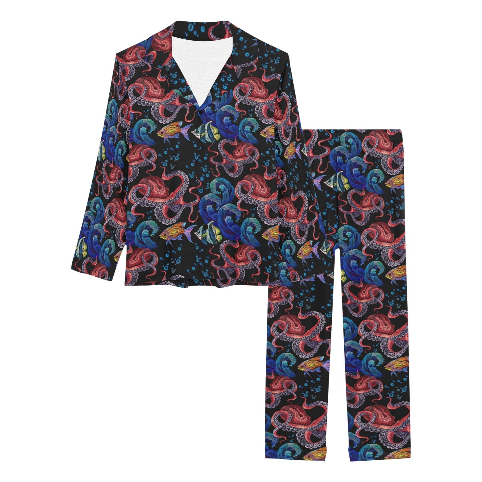 Octopus sea wave tropical fishe pattern Women's Long Pajama Set