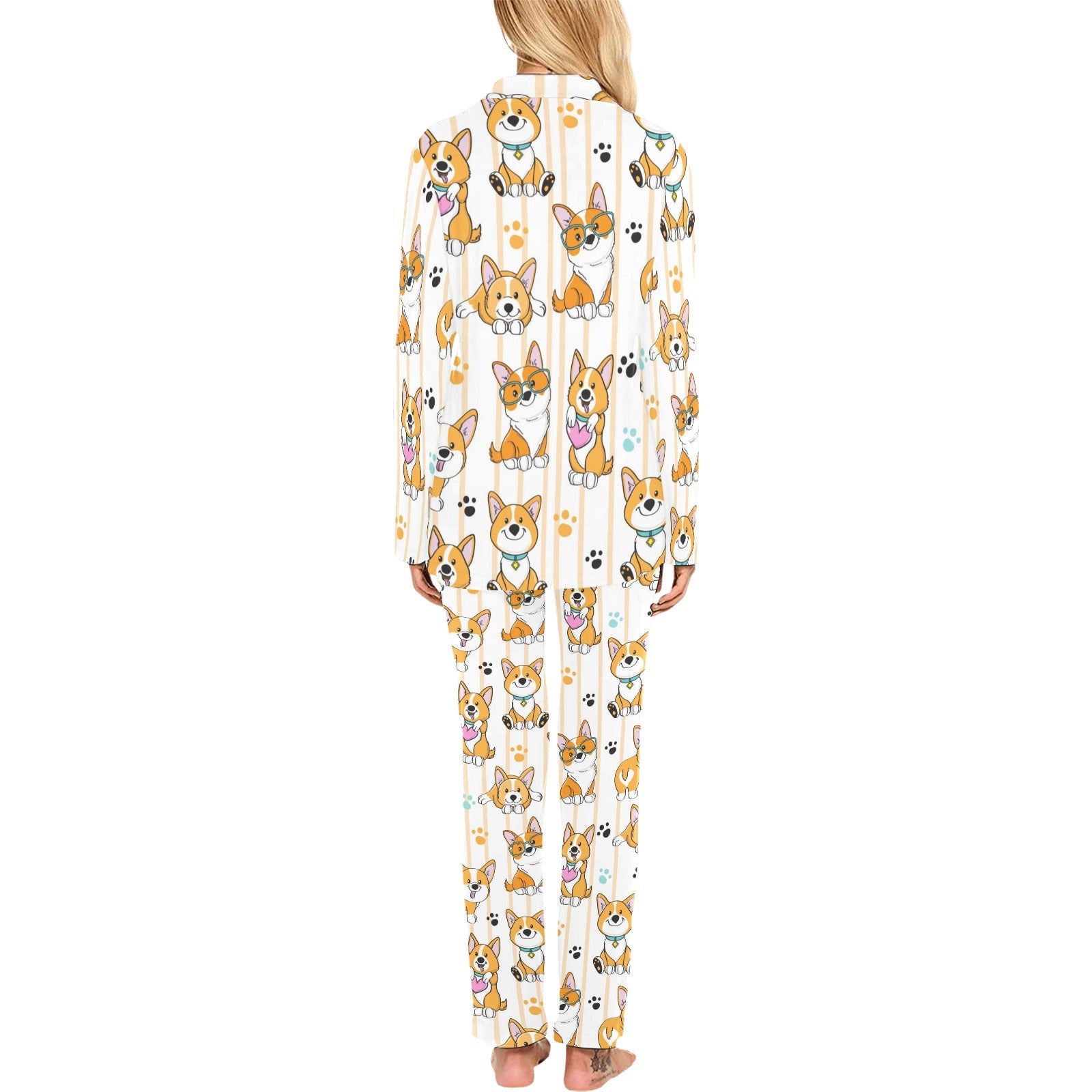 Cute dog corgi striped background pattern Women's Long Pajama Set