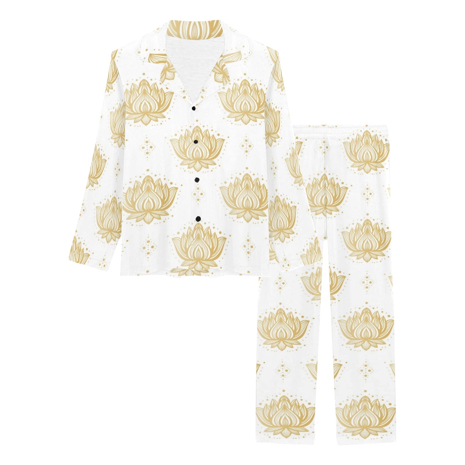 Gold Ornamental lotue waterlily symbol pattern Women's Long Pajama Set