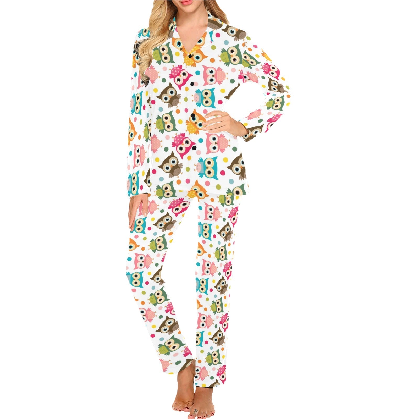 Color cute owl pattern Women's Long Pajama Set
