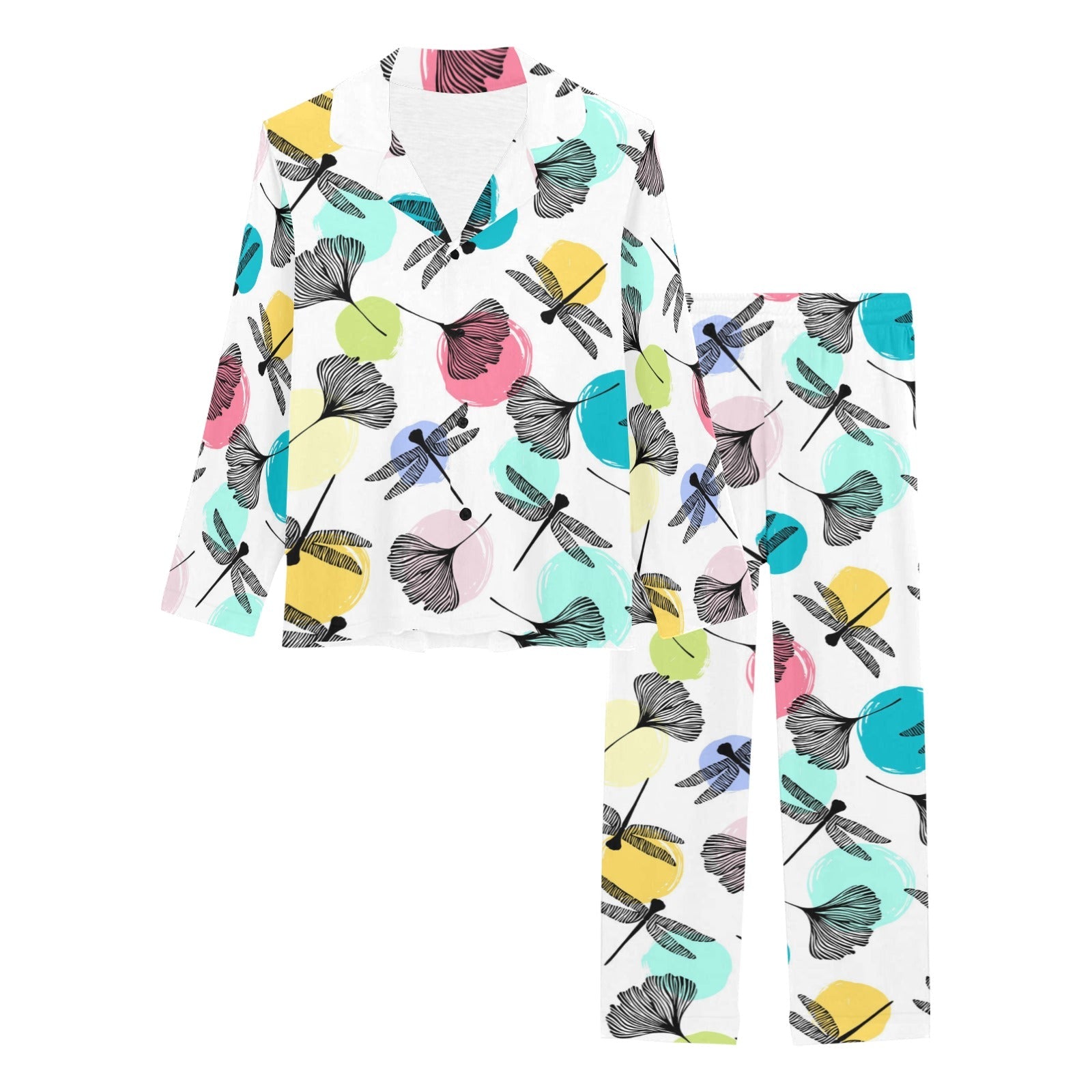 Dragonflies ginkgo leaves pattern Women's Long Pajama Set