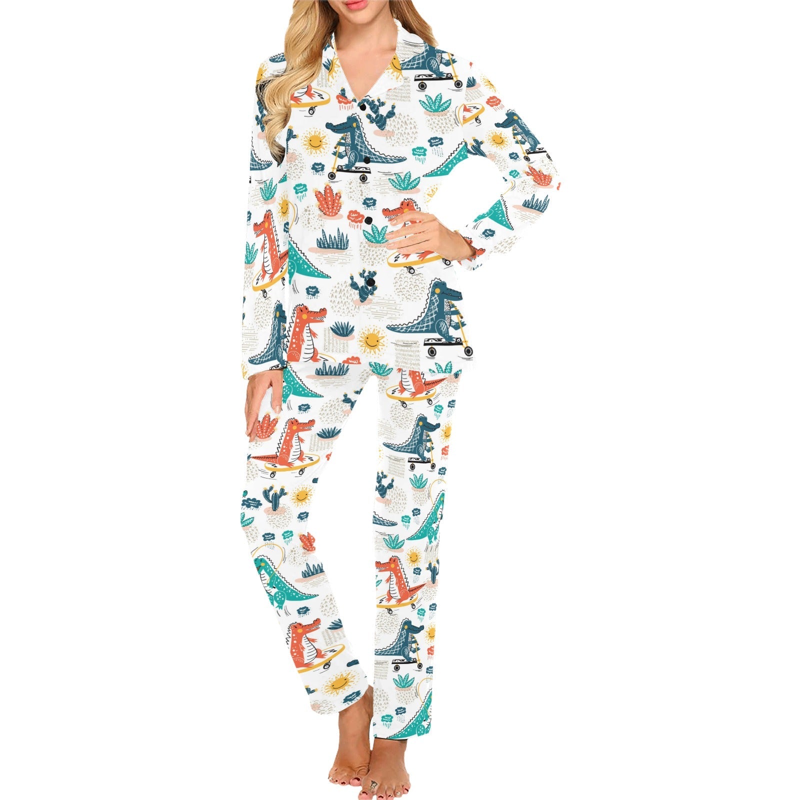 Cute Crocodile Pattern Women's Long Pajama Set