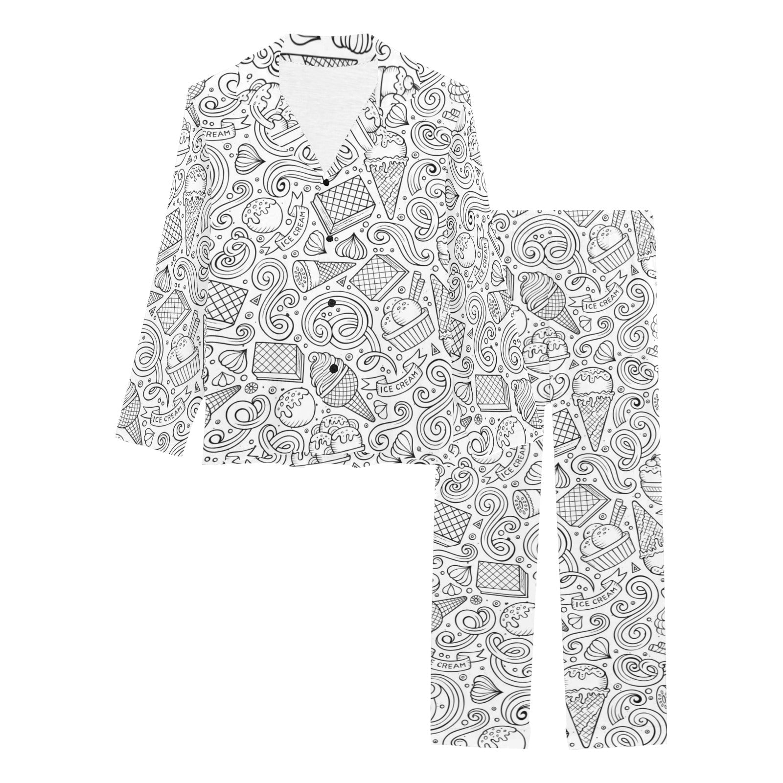 Cartoon hand drawn ice cream black white Women's Long Pajama Set